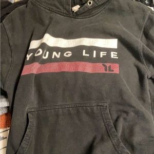 black, hoodie, missing the strings, inclued a front pocket and hoodie.